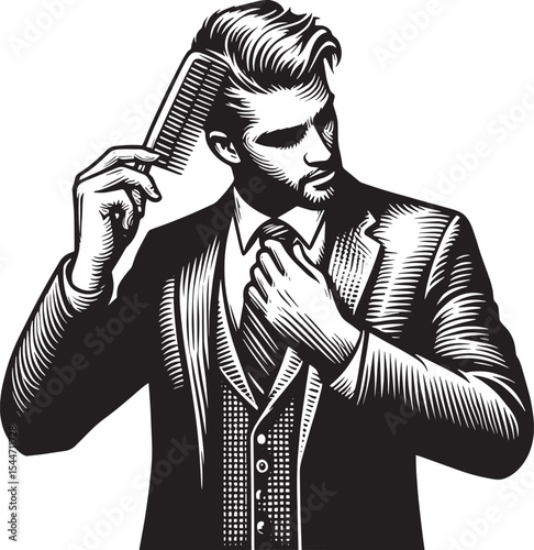 Woodcut illustration depicting a stylish man meticulously groomi