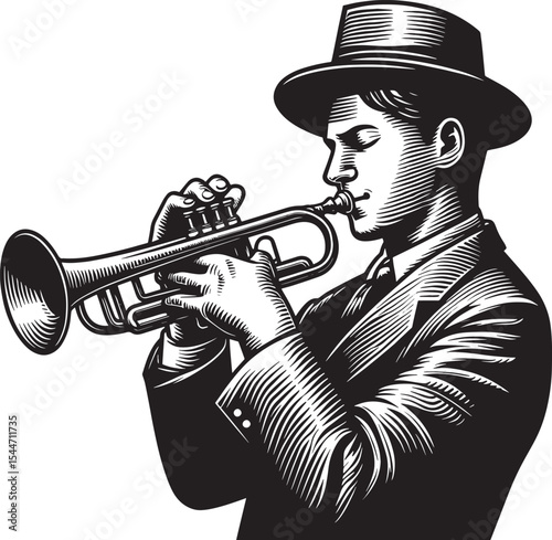 Monochrome Illustration of a Trumpet Player in a Suit and Hat Pe