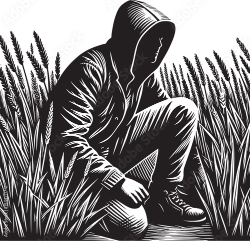 Monochrome Enigmatic Figure Crouching in Wheat Field with a Hood