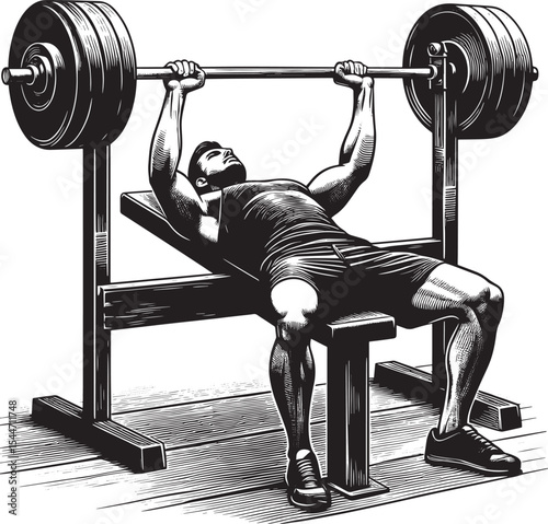 Monochrome illustration of an athletic man bench pressing weight