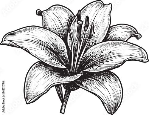 Detailed black and white illustration of a lily flower on a clea