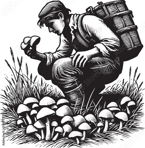 A rustic woodcut depiction of a man foraging for wild mushrooms