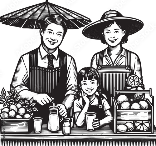 Family runs a lemonade stand, woodcut drawing, black and white v