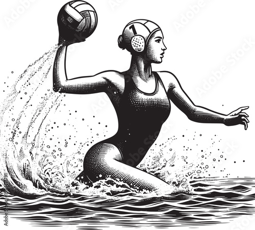 Monochrome woodcut illustration of a water polo player throwing