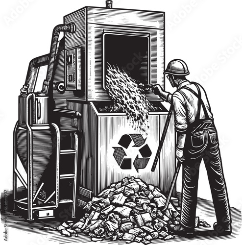 Worker incinerating waste materials with specialized machinery f
