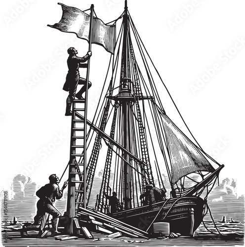Coastal maritime communication: A man signals ships with a flag