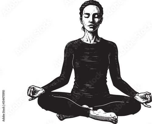 Illustration of a woman meditating in a lotus position in black