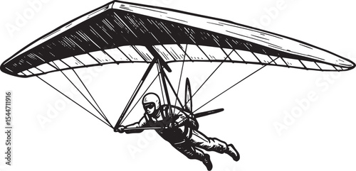 Black and White Illustration of a Hang Glider Pilot Soaring Thro