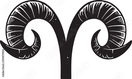 Black and white illustration of the aries zodiac symbol isolated