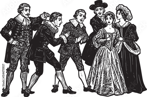 Illustration of a group of people in historical clothing, black