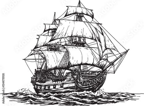 Detailed black and white illustration of a sailing ship on the o
