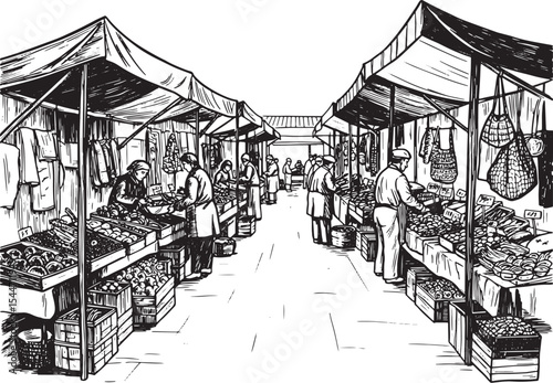 Black and white illustration of a bustling market scene with sta