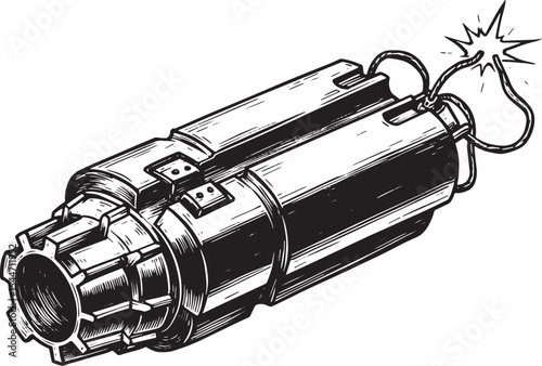 Detailed Black and White Illustration of a Bomb with Lit Fuse an