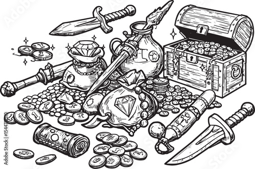Detailed Black and White Illustration of Treasure Chest, Coins,