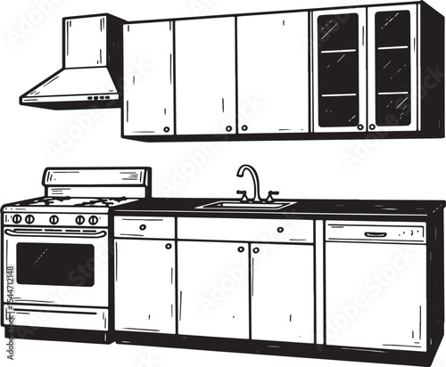 Hand-drawn illustration of a modern kitchen with appliances and