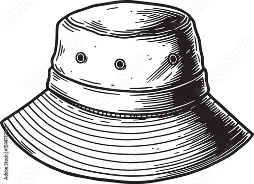 Vintage black and white bucket hat illustration on a white backg