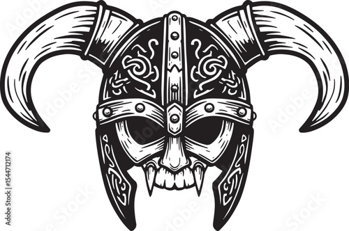 Intricate Vector Illustration of a Viking Helmet with Horns in a
