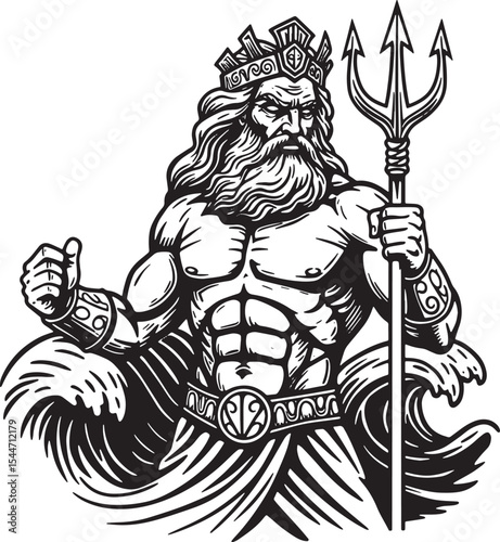 Black and White Illustration of Poseidon, the Greek God of the S