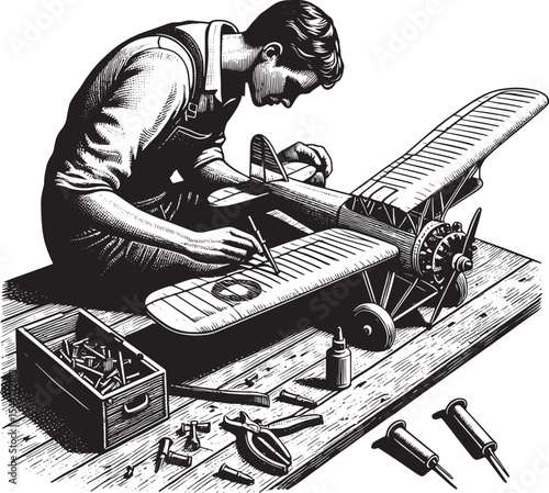 Detailed woodcut of a craftsman assembling a vintage model airpl
