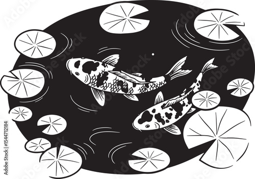 Black and white illustration of two koi fish swimming in a pond