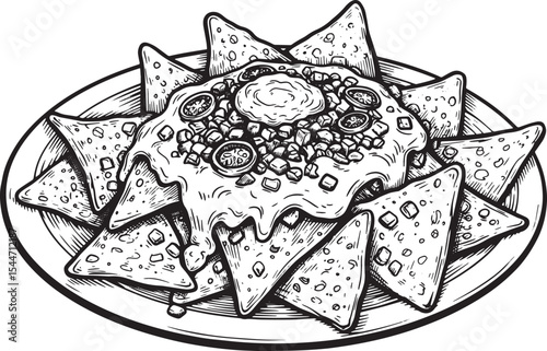 Black and White Illustration of Nachos with Cheese on a Plate fo