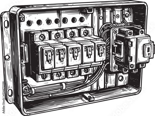 Detailed illustration of an electrical panel with circuit breake