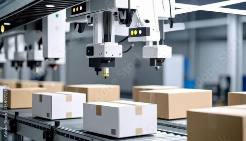 Automated Warehouse Robotic Arm Moving Cardboard Boxes on Conveyor Belt Efficient Logistics and Package Handling System