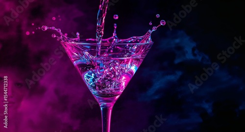 Pouring liquid into a martini glass with a splash and vibrant pink and blue lighting on a dark background