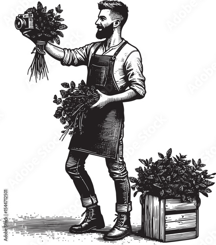 Botanical Enthusiast Capturing Fresh Herbs with Camera in Woodcu
