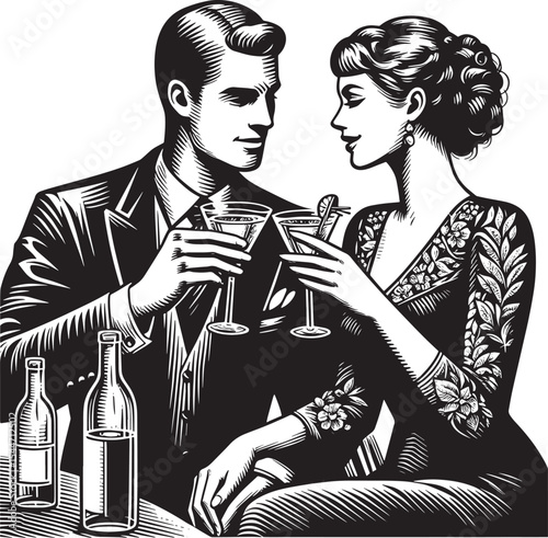 Elegant couple toasting with celebratory champagne cocktails, mo