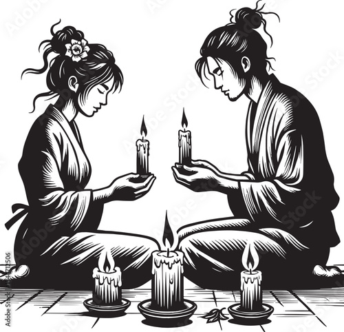Couple's tranquil candlelit meditation ritual in monochrome deta