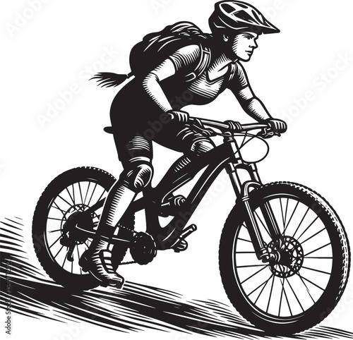 Monochrome vector illustration of female mountain biker in actio