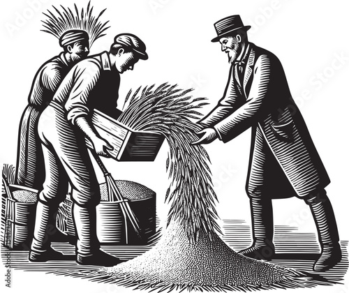 Vintage depiction of a grain distribution scene with farmers in