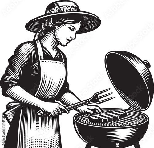Engraved illustration depicting a woman grilling meat on a barbe