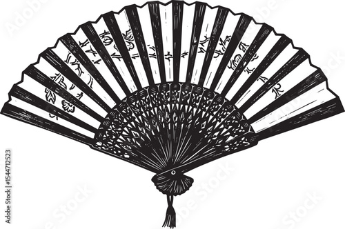 Elegant Japanese Hand Fan in Black and White Vector Illustration