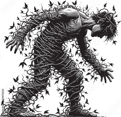 Entwined existence, thorny vines pulsing around human form in mo