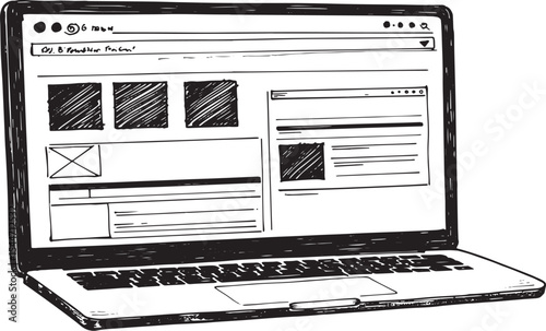 Black and white sketch of a laptop displaying a website wirefram
