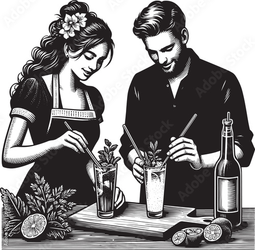 Elegant couple crafting sparkling herbal mocktails in a classic