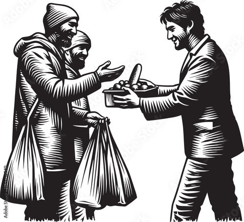 Generosity in woodcut, compassionate soul provides food for the