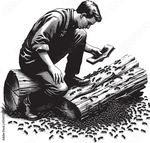 Curious man observing ants on a log with book in hand in woodcut