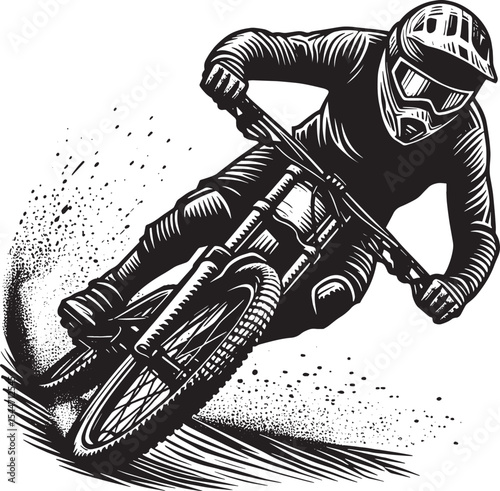 Intense downhill biking athlete rendered in striking black and w