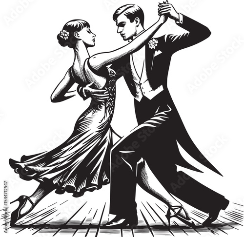 Elegant monochrome illustration of a couple in sophisticated bal