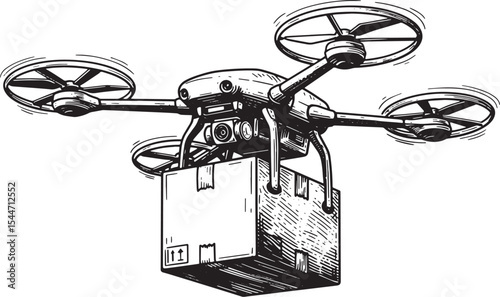 Illustration of a drone delivering a package with a retro style