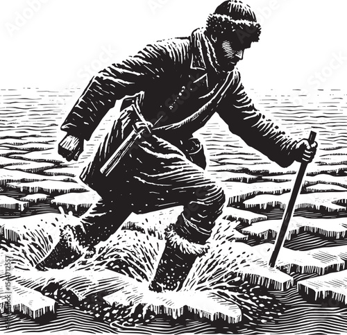 Brave explorer traversing treacherous frozen river in harsh wint