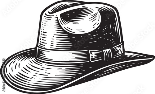 Vintage Engraving of a Stylish Fedora Hat in Black and White on