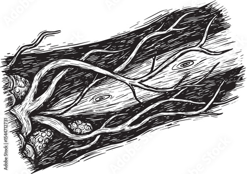 Intricate Black and White Pen and Ink Illustration of Tree Roots