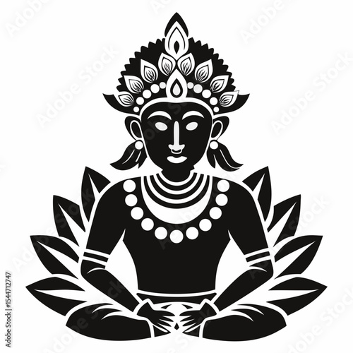 Serene goddess silhouette in lotus position isolated on white background