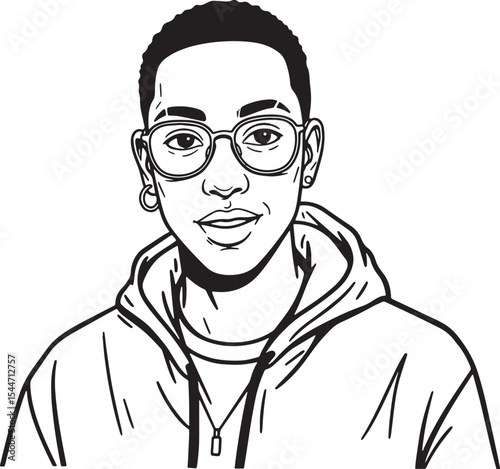 Illustration of a young person wearing glasses and a hoodie in b