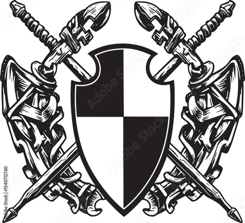 Medieval emblem with shield and crossed swords in black and whit
