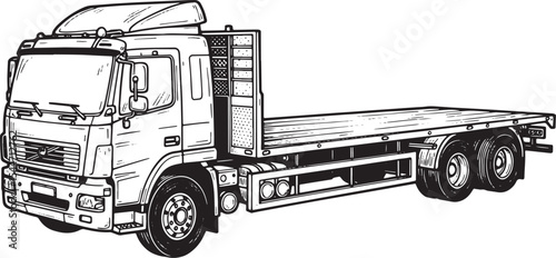 Black and white illustration of a flatbed truck on a white backg